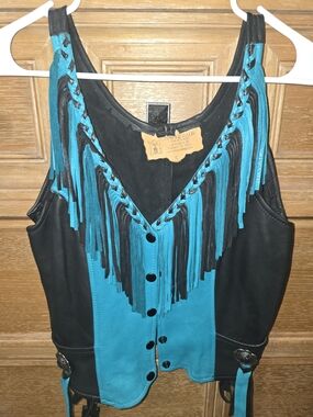 Fringed Leather Snap Front Halter Vest Top - Black & Teal